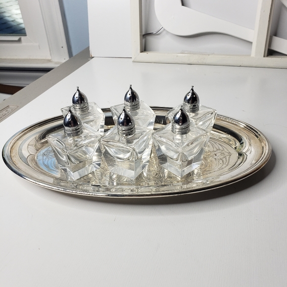 Six Glass Salt & Pepper Shakers Engraved Silver Plate Banquet Wedding Reception - Picture 2 of 6
